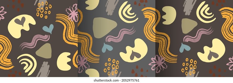 Organic seamless patterns. Set of botanic and abstract seamless pattern with flowers and leaves, brush hand drawn background. Collection organic boho pattern