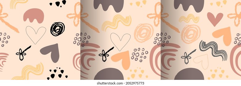 Organic seamless patterns. Set of botanic and abstract seamless pattern with flowers and leaves, brush hand drawn background. Collection organic boho pattern