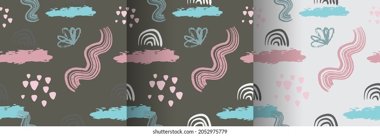 Organic seamless patterns. Set of botanic and abstract seamless pattern with flowers and leaves, brush hand drawn background. Collection organic boho pattern