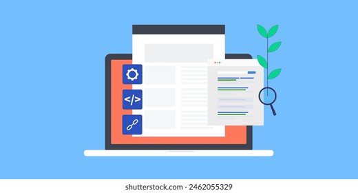 Ranking de motores de búsqueda orgánicos, Sitio web de rango más alto en la página de resultados del motor de búsqueda, SEO orgánico - fondo de Ilustración vectorial con iconos
