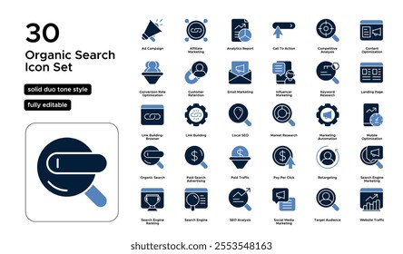 Organic Search Solid Duo Tone Icon Set: SEO Techniques, Keyword Research, and Natural Traffic Icons