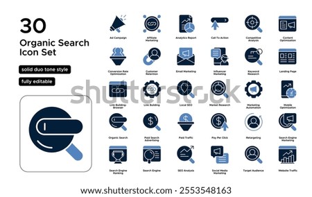 Organic Search Solid Duo Tone Icon Set: SEO Techniques, Keyword Research, and Natural Traffic Icons