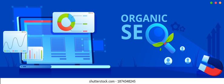 Organic seo concept banner. Computers screen with graphics and website statistics. Magnifying glass with green leaves