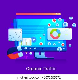 Banner vectorial de concepto seo orgánico. Pantalla de ordenadores con gráficos y estadísticas de sitios web. Magnet atrae a una audiencia de nuevos usuarios al sitio