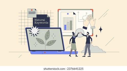 Consejos de SEO orgánicos para promover o impulsar el concepto de persona diminuta retro en la clasificación de sitios web. Un trabajo eficaz de optimización de motores de búsqueda con palabras clave naturales ilustrando vectores. Información o contenido publicitario