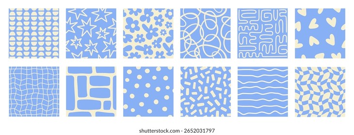 Conjunto orgânico abstrato minimalista sem emenda padrões com diferentes formas e linhas onduladas. Moderna textura ondulada geométrica . Cores azul e bege