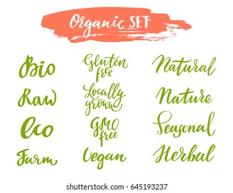 Organic set: hand drawn bio logo, label. Vector illustration eps 10 for food, drink, restaurants, menu, markets, natural products, package. Brush lettering, calligraphy.