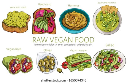 Organic set of raw vegan food. Hummus, beat and avocado toast, rolls, olives, lasagna, salad. Place for text. Line art. Vector