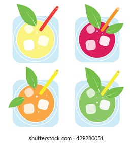 Organic set of smoothies. Fresh natural juicy cocktail glass top view. Flat vector illustration. Yellow, green, red,orange vegan, health smoothie and lemonade
