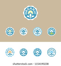 Organic – set of vector icons (stickers, labels, pictograms), in various options of shape and colors within a ble palette. On white and brown (kraft paper's color) background.