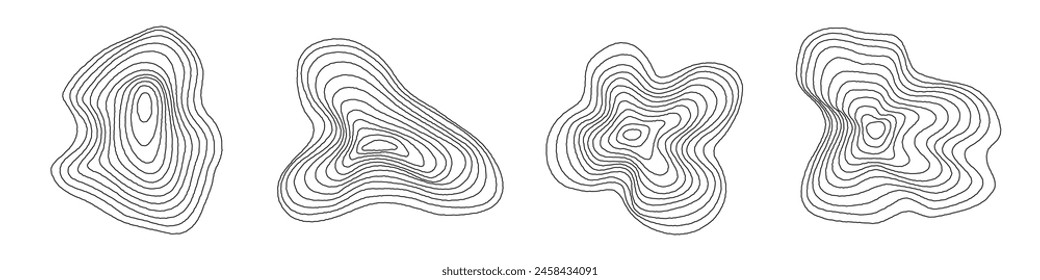 Organic shape of annual wood tree line ring. Abstract ripple circular concentric texture. Topographic rough design. Relief wave contour surface. Ink map stump symbol. Fractal wavy timber grid