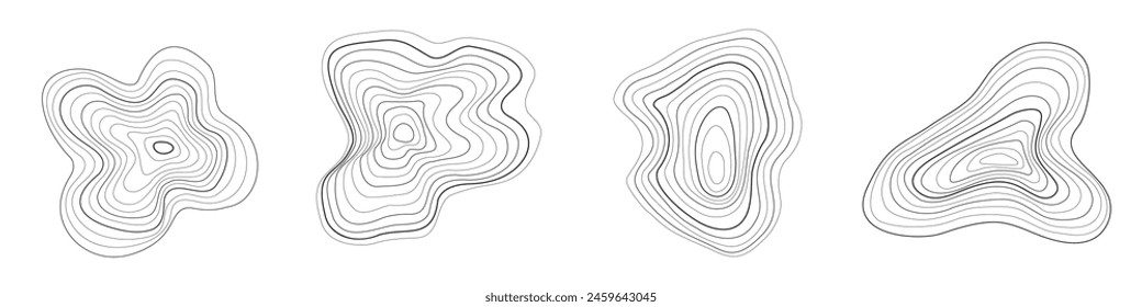 Organic shape of annual wood tree line ring. Abstract ripple circle concentric trunk texture. Topographic stump rough design. Plywood relief wave contour surface. Black fractal ink wavy grid sketch