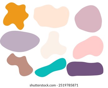 Organic shape blob,Abstract liquid shapes, colored fluid forms set. Modern graphic elements. Dynamical curved shapes in minimal style isolated on white background. Vector blotch, inkblot or bubbles