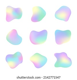 Organic shape holograph colors isolated. Irregular label tag set for promo, sale and discount. Iridescent amoeba badge mockup. Empty organic shape banner with place for text or info. 