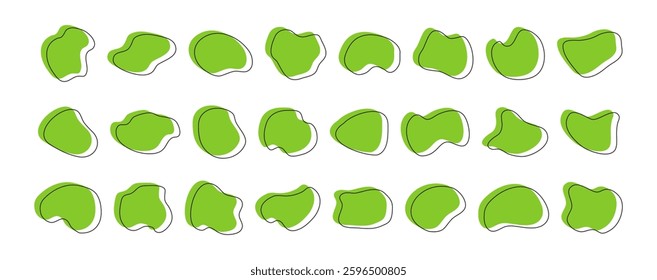 Organic shape icon, irregular blob, abstract random splodge, green liquid spot, graphic simple form, amoeba stain set isolated on white background. Asymmetric vector illustration