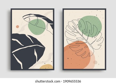 Organic shape and leaves design for wall decoration. Floral modern posters. Botanical minimal background for cover or invitation. Vector illustration