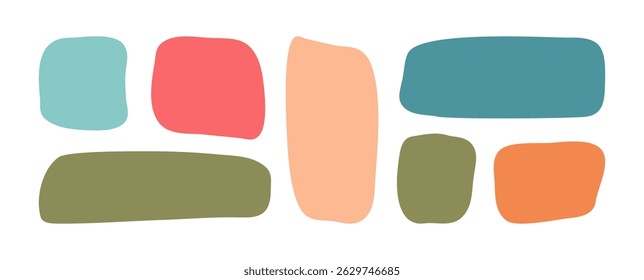 Organic shape rectangle, square set. Abstract kid irregular frame, child text box, fun basic form, colorful bubble, round blob isolated on white bg. Geometry banner hand drawn. Vector illustration