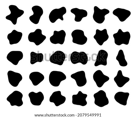 Organic shape set. 30 Abstract fluid blob, stone or water silhouette, big liquid amoeba elements set. Random flat geometric irregular stain isolated on white background, black spot mockup.
