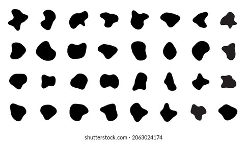 Organic shape set. Abstract fluid blob, stone or water silhouette, big liquid amoeba elements set. Random flat geometric irregular stain isolated on white background, black spot mockup.