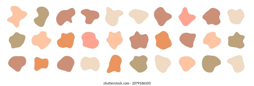 Organic shape set. Abstract fluid blob, stone or water silhouette, big liquid amoeba elements set in pastel colors. Random flat geometric irregular stain isolated on white background, spot mockup.