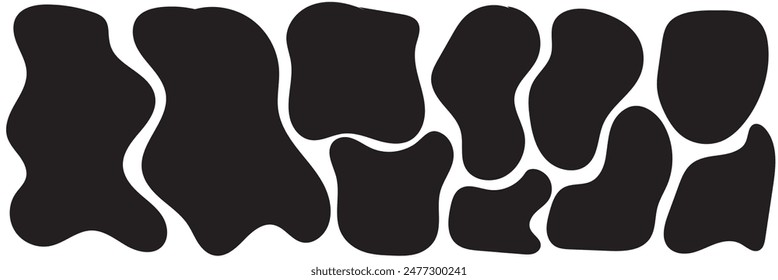 Organic shape set. Abstract fluid blob, stone or water silhouette, big liquid amoeba elements set. Random flat geometric irregular stain isolated on white background, black spot mockup.