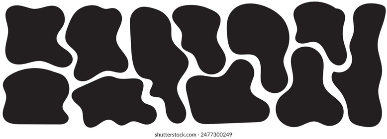 Organic shape set. Abstract fluid blob, stone or water silhouette, big liquid amoeba elements set. Random flat geometric irregular stain isolated on white background, black spot mockup.