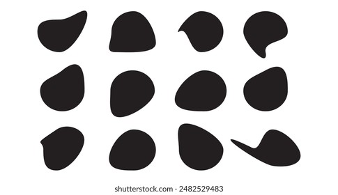 Organic shape set. Abstract fluid blob, stone or water silhouette, big liquid amoeba elements set. Random flat geometric irregular stain isolated on white background, black spot mockup.