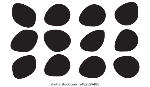 Organic shape set. Abstract fluid blob, stone or water silhouette, big liquid amoeba elements set. Random flat geometric irregular stain isolated on white background, black spot mockup.