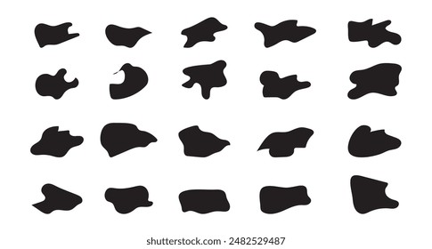 Organic shape set. Abstract fluid blob, stone or water silhouette, big liquid amoeba elements set. Random flat geometric irregular stain isolated on white background, black spot mockup.