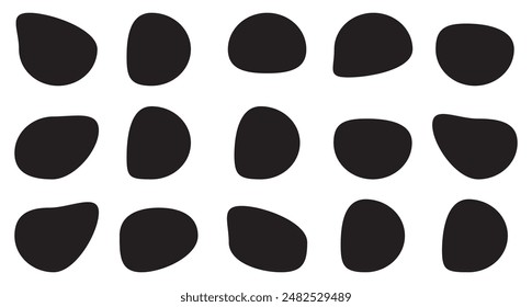 Organic shape set. Abstract fluid blob, stone or water silhouette, big liquid amoeba elements set. Random flat geometric irregular stain isolated on white background, black spot mockup.
