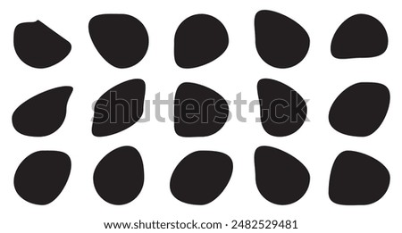 Organic shape set. Abstract fluid blob, stone or water silhouette, big liquid amoeba elements set. Random flat geometric irregular stain isolated on white background, black spot mockup.