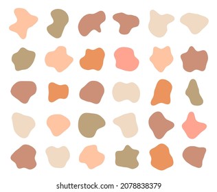 Organic shape set in pastel neutral colors. Abstract fluid blob, stone or water silhouette, big liquid amoeba elements set. Random flat geometric irregular stain isolated on white, spot mockup.