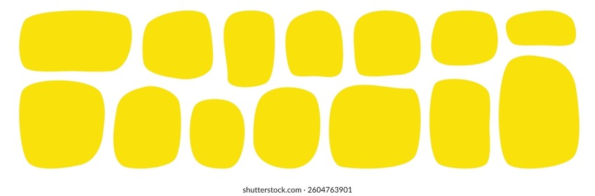 Organic shape text frames. Vector set of abstract yellow speech bubbles. Wavy rectangular, square textboxes. Irregular liquid shapes. Playful fun banner background. Rounded quote elements pattern bg