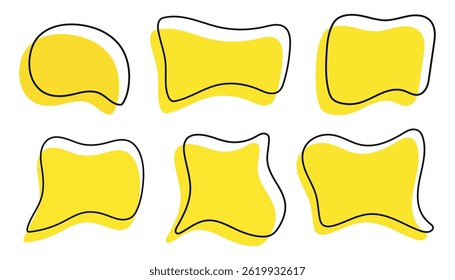Organic shape text frames. Vector set of abstract yellow speech bubbles. Wavy rectangular, square textboxes.