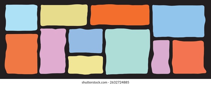  Organic shape text frames. Vector set of doodle speech bubbles. Wavy rectangular and square textboxes. Irregular liquid shapes. Playful fun banner background.