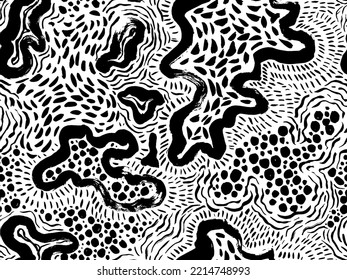 Organic shapes with blots seamless pattern. Chaotic ink brush scribbles decorative texture. Abstract line brush stroke shapes with hand drawn organic blobs. Stylish structure of natural cells.