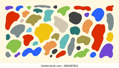 Organic shapes. Color various blotch, abstract irregular random blobs. Pebble stone silhouette, simple liquid amorphous splodge, colorful simple water forms, creative minimal pastel pattern vector set