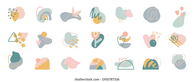 Organic shapes compositions set. Hand draw abstract design elements in pastel colors. Minimal stylish cover template. Art form for social media stories, branding, banner, decor. Vector illustration.