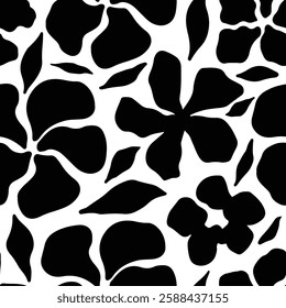 Organic shapes flower seamless pattern. Simple abstract floral background. Modern printing in black and white colors. Ideal for textile design, wallpaper, cards, posters, and decoration. Vector art