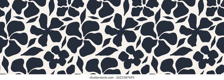 Patrón de flores sin fisuras de Formas orgánicas. Fondo floral abstracto simple. Impresión moderna en colores blanco y negro. Ideal para el diseño textil, Fondo de pantalla, tarjetas, carteles y decoración. Arte vectorial