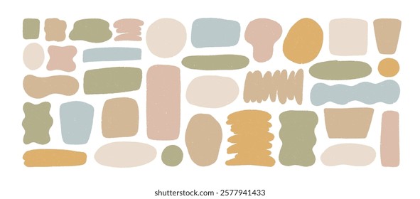 Organic shapes with grain texture in pastel colors. Set of hand drawn irregular round and wavy blot forms. Doodle graphic vector elements for text and contemporary design. Abstract modern forms.