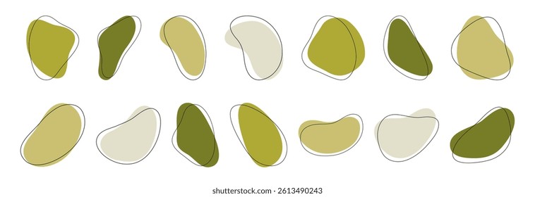Organic shapes in green shades with stroke lines. Set of abstract vector elements, isolated on white. Hand-drawn illustration. Templates for design of social media posts, covers, posters, backgrounds