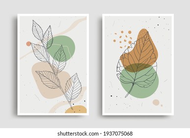 Organic shapes and leaves design for wall decoration, print. Floral modern posters. Botanical minimal background with pastel colors. Vector illustration