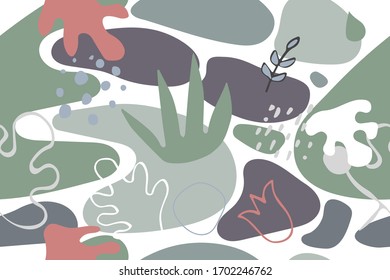 Organic Shapes Nature Background with Doodle Elements, Seamless Floral Pattern with Leaves, Summer Composition, Creative Collage