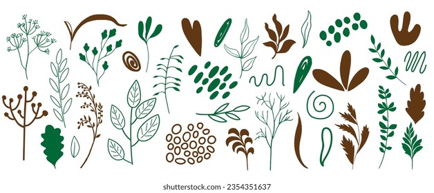 Organic shapes, plants, spots, lines, dots. Vector set of minimal trendy abstract hand drawn isolated elements for graphic design