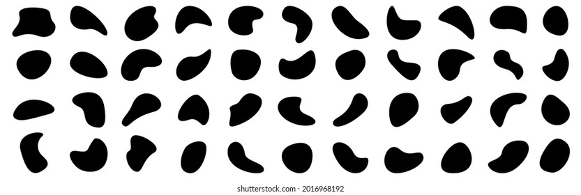 Organic shapes. Random black blobs on white backdrop. Abstract oval elements. Simple liquid drop. Modern design collection. Black fluid templates. Vector illustration.