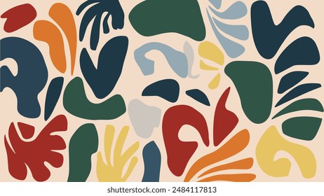 Organische Formen erinnern an Henri Matisse’s Signature Style. Die Formen, inspiriert von seinen berühmten Ausschnitten, sind in verschiedenen Blau-, Grün-, Rot- und Gelbtönen