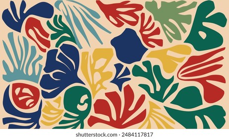 Formas orgánicas que recuerdan el estilo característico de Henri Matisse. Las Formas, inspiradas en sus famosos recortes, están en varios tonos de azul, verde, rojo y amarillo