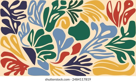 Organische Formen erinnern an Henri Matisse’s Signature Style. Die Formen, inspiriert von seinen berühmten Ausschnitten, sind in verschiedenen Blau-, Grün-, Rot- und Gelbtönen