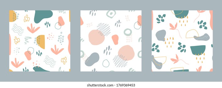 Organic shapes seamless pattern set. Minimal stylish cover design collection. Unique hand drawn shapes texture in pastel colors. Memphis style background. Social media stories. Vector illustration.